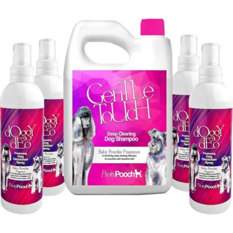 Pretty Pooch Gentle Touch Dog Shampoo (2 Litres) & Dog Deodoriser Spray (4 Pack Of 250Ml)