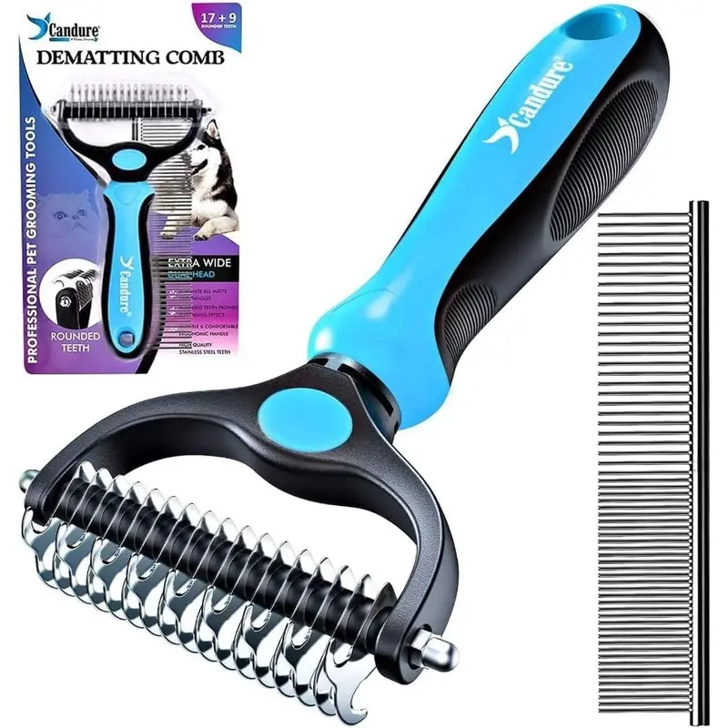 Candure Dematting Comb for Dog and Cat, Pet Grooming Rake 6"", Azul