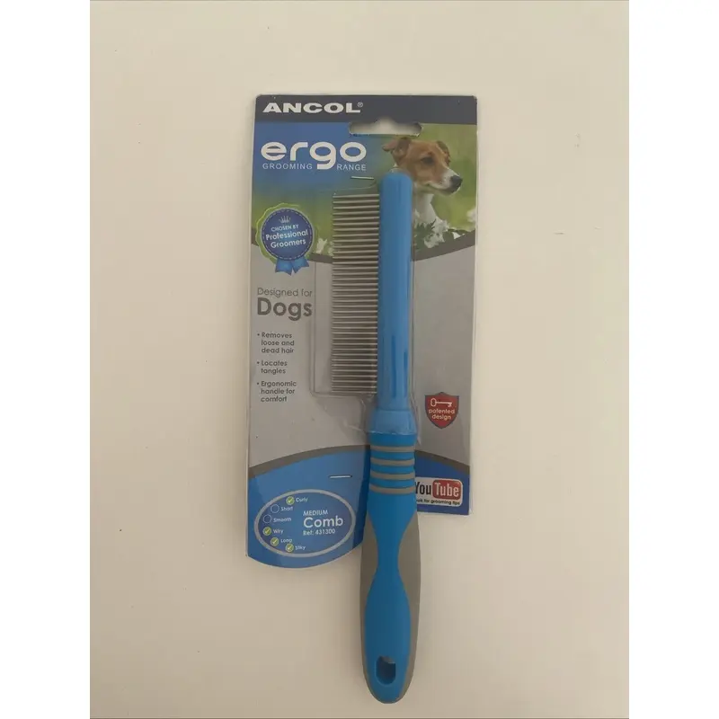 Ancol - Ergo Dog Grooming Tool -  Medium Comb - Blue- Removes Loose & Dead Hair