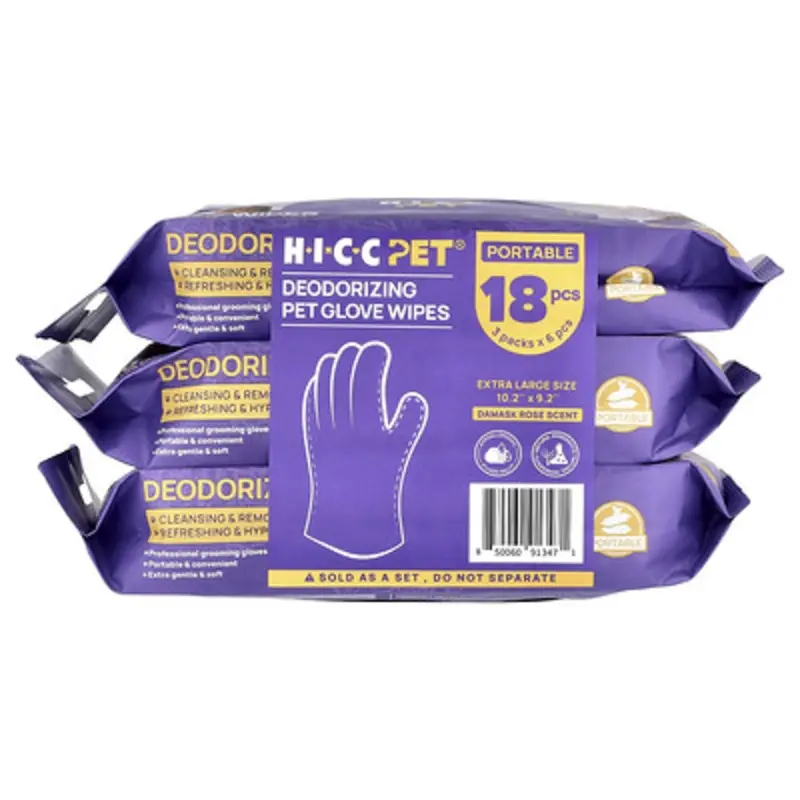 Hicc Pet , Deodorizing Pet Glove Wipes, Extra Large, Damask Rose, 3 Pack, 6 Pieces Each