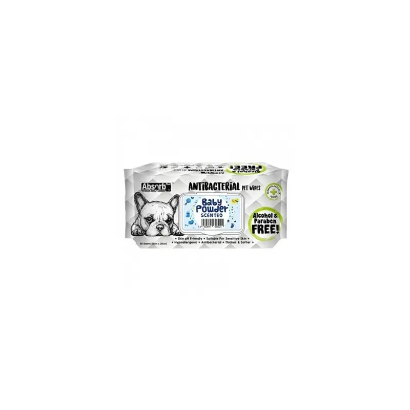 Absolute Pet Absorb Plus Antibacterial Baby Powder Pet Wipes, 80 sheets