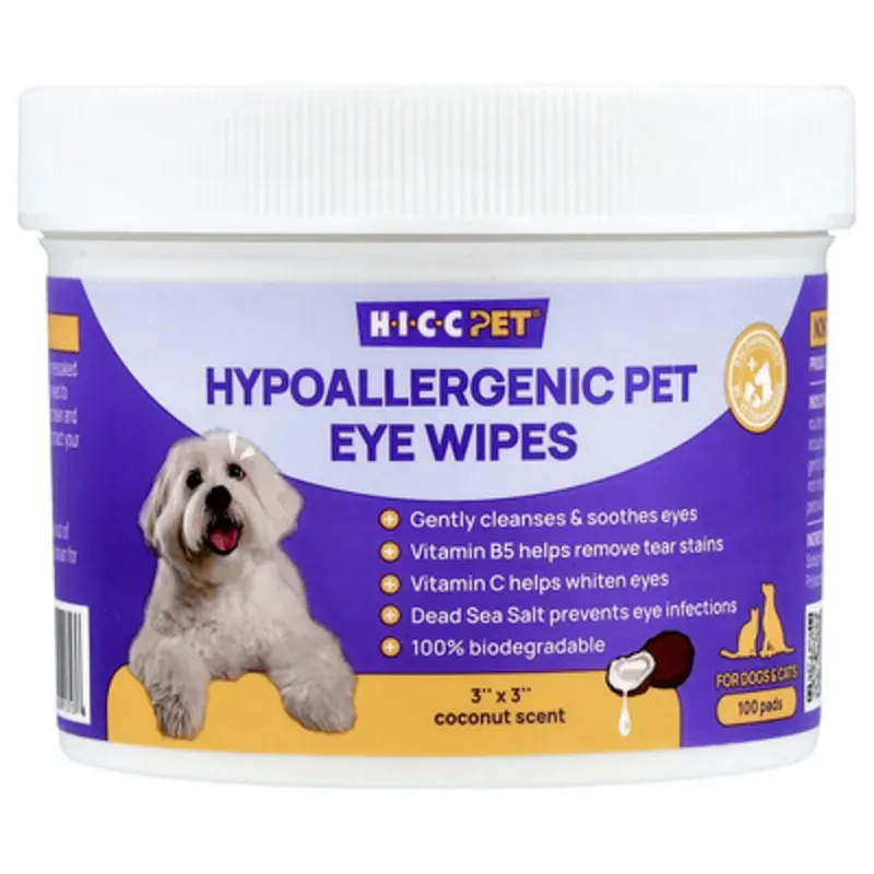 Hicc Pet , Hypoallergenic Pet Eye Wipes, For Dogs & Cats, Coconut, 100 Pads