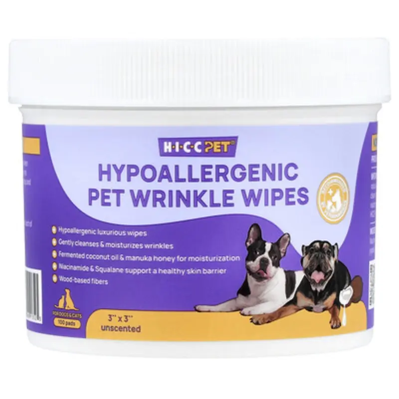 Hicc Pet , Hypoallergenic Pet Wrinkle Wipes, For Dogs & Cats, Unscented, 100 Pads