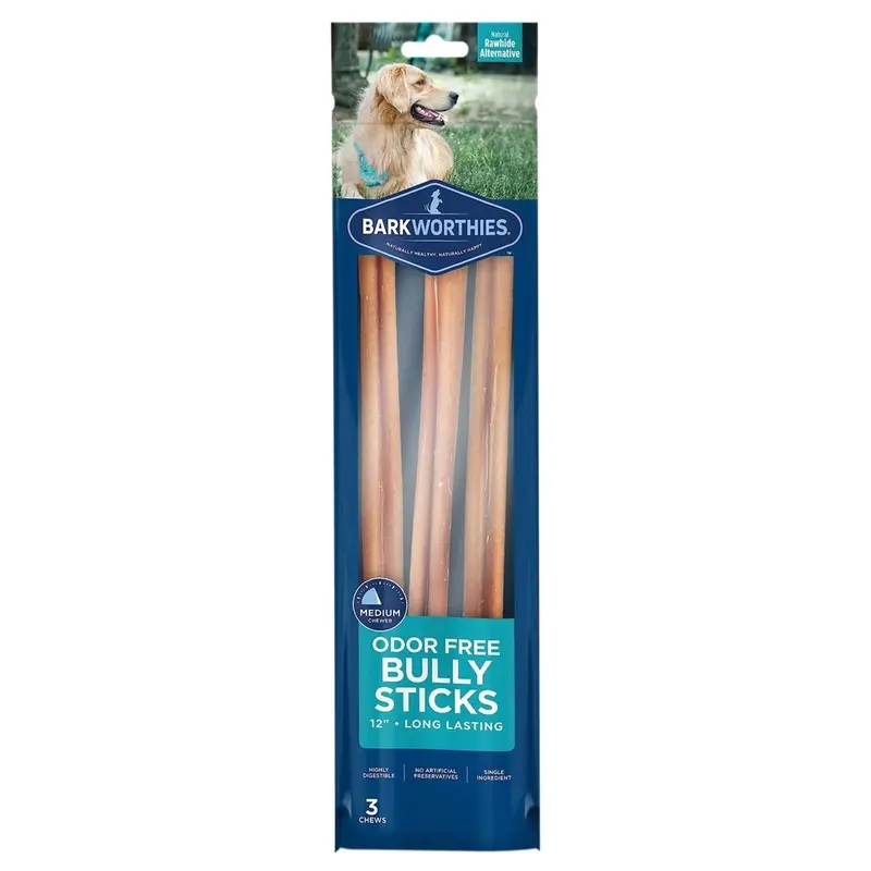 Barkworthies 12" Odor Free Bully Stick Dog Chews 3 Count
