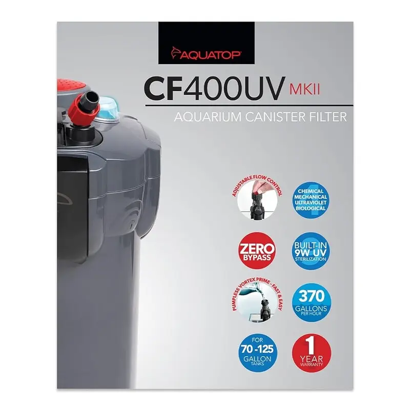 Aquatop CF-400UVMKII 4-Stage 370 GPH Canister Filter w/ Vortex Prime & 9W UV