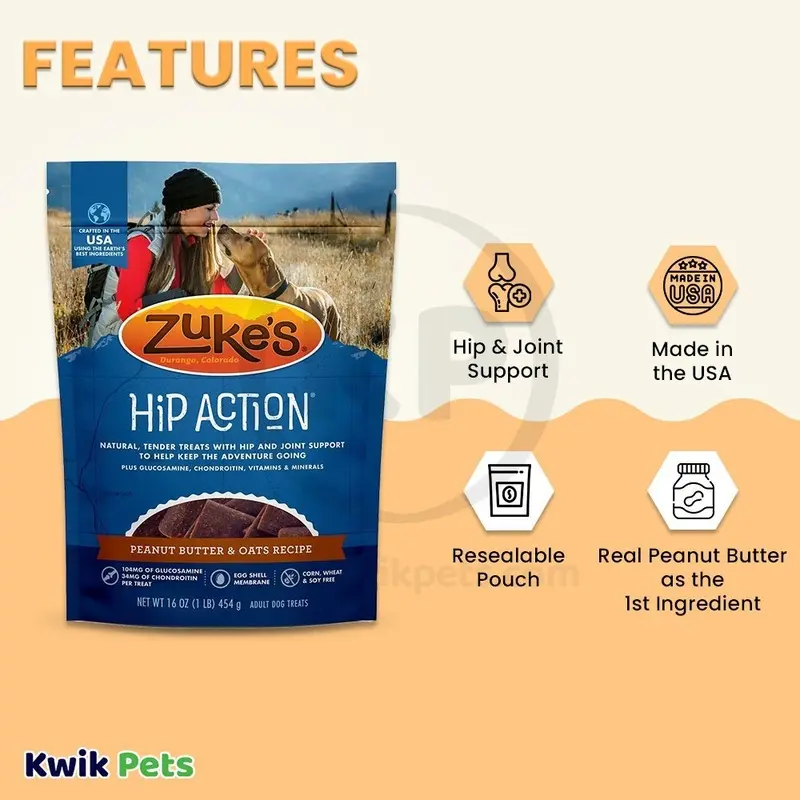Zuke's Hip Action Adult Dog Treats Peanut Butter & Oats 16-oz