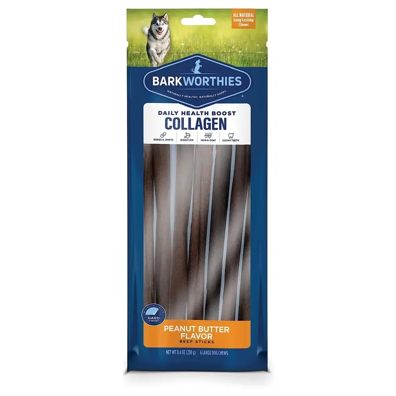 Barkworthies 12" Peanut Butter Flavored Collagen Beef Stick Dog Chews 6 Count