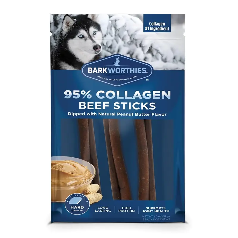 Barkworthies 6" Peanut Butter Flavored Collagen Beef Stick Dog Chews 3 Count