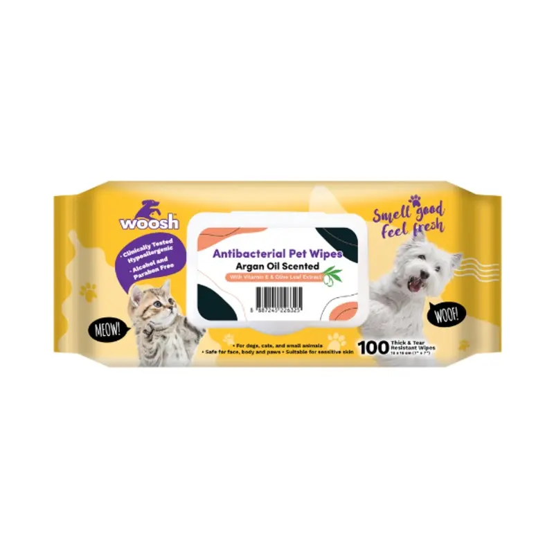 Woosh Antibacterial Pet Wipes with Vitamin E & Olive Leaf Extract (Argan Oil Scented)