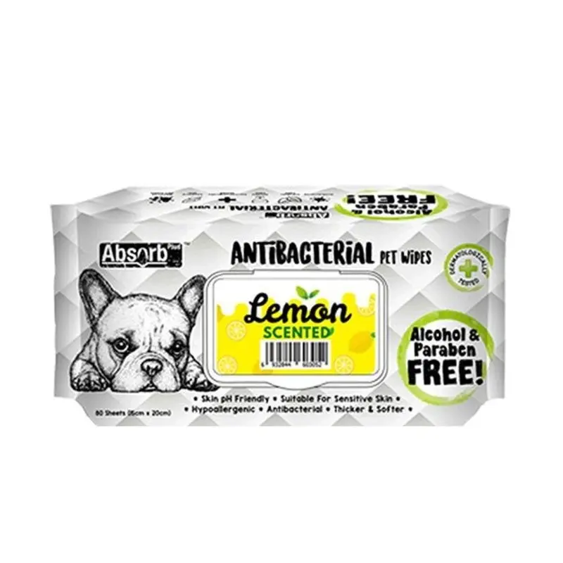 Absorb Plus Antibacterial Alcohol & Paraben Free Pet Wipes (Lemon, 80pcs)
