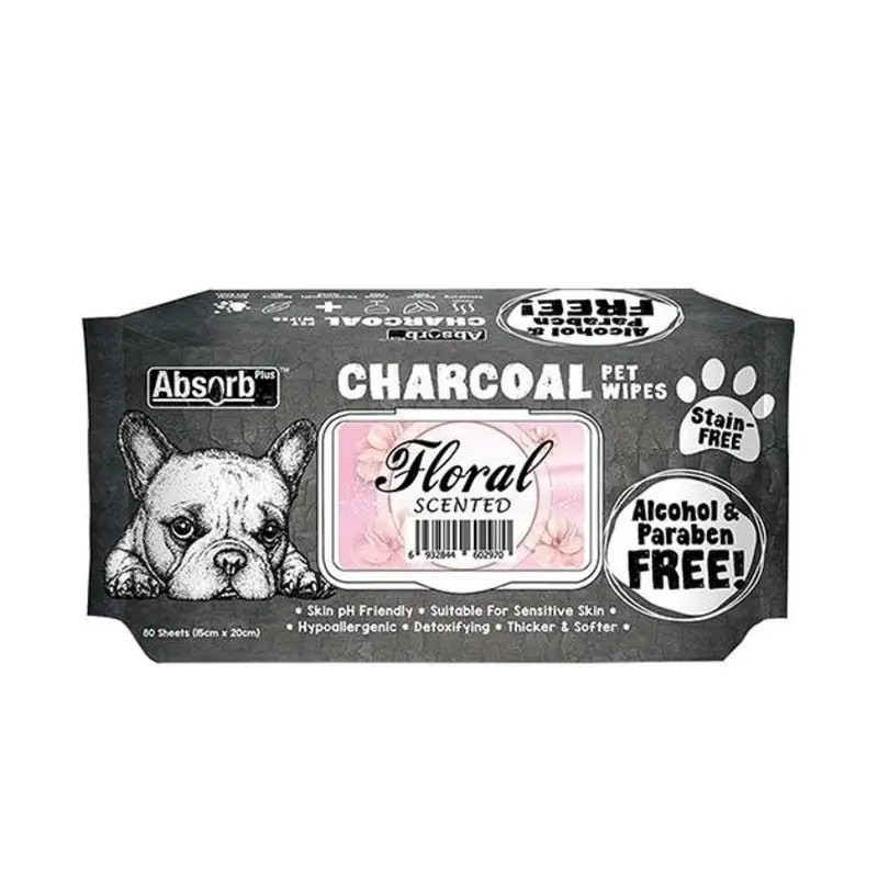 Absorb Plus Charcoal Alcohol & Paraben Free Pet Wipes (Floral, 80pcs)