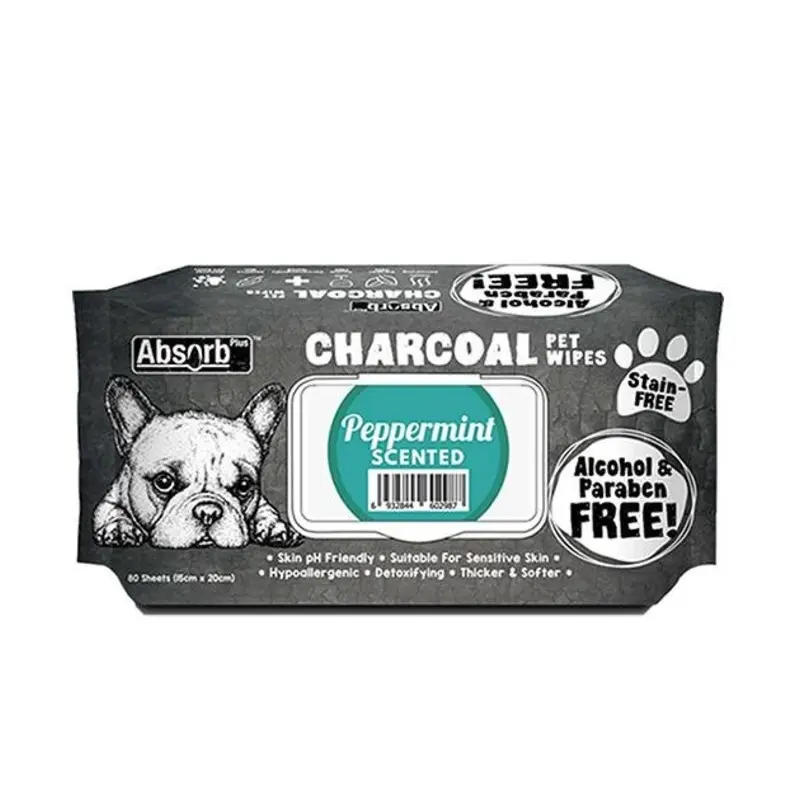 Absorb Plus Charcoal Alcohol & Paraben Free Pet Wipes (Peppermint, 80pcs)