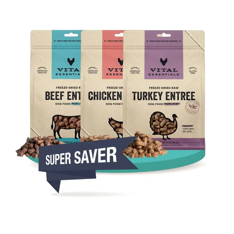 Vital Essentials Freeze Dried Raw MINI NIBS Dog Food 14oz (3-Pack Saver Bundle)