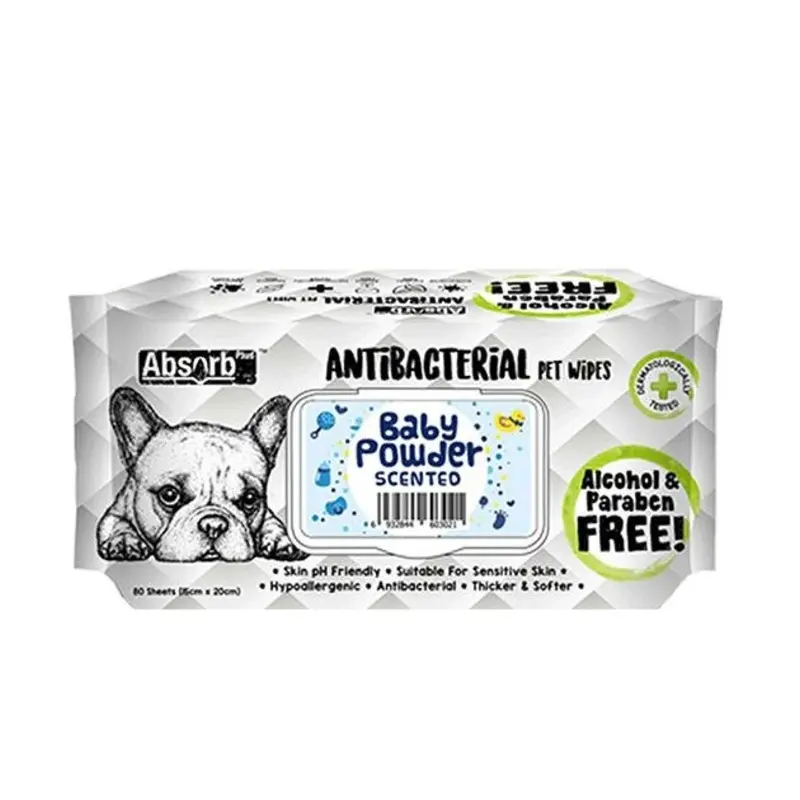 Absorb Plus Antibacterial Alcohol & Paraben Free Pet Wipes (Baby Powder, 80pcs)