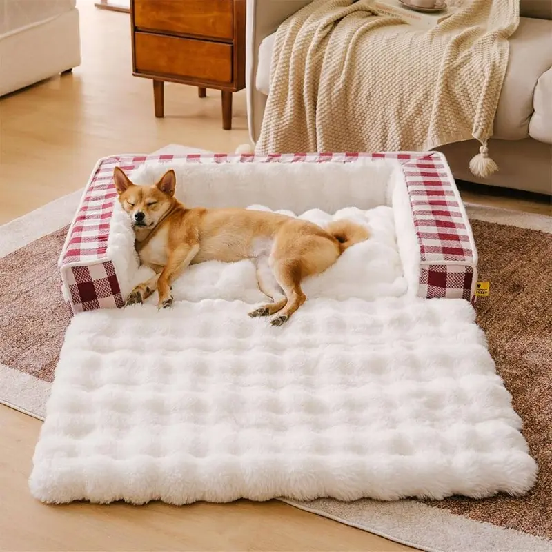 Classic Plaid Ergonomic Calming Dog Bed - ExpandableWashable