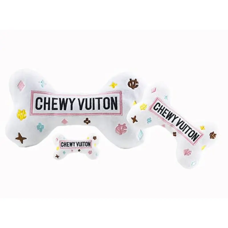 White Chewy Vuiton Bones Squeaker Dog Toy: Small / Mini