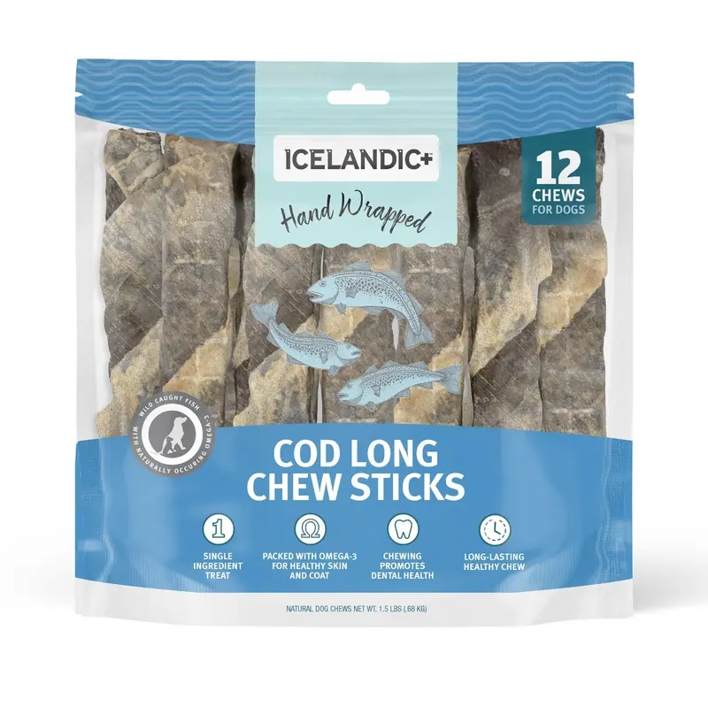 Icelandic+ Hand Wrapped Cod Skin Chew Sticks - 10" Long & 5" Short Assorted Packs