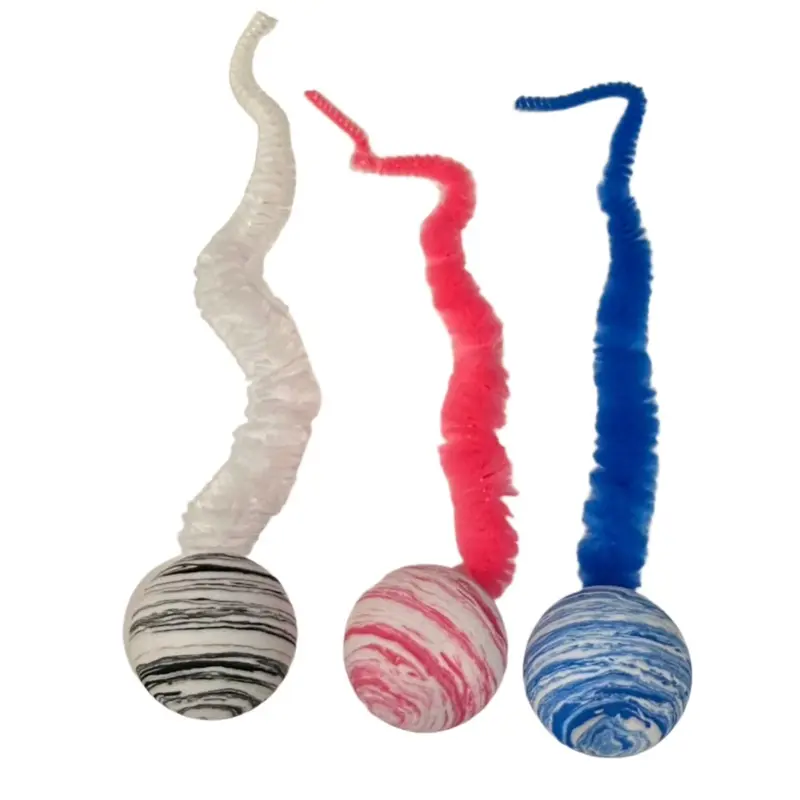 Striped Two Tone Rubber Ball with Caterpillar Style Tail attached - Black, Pink, or Blue